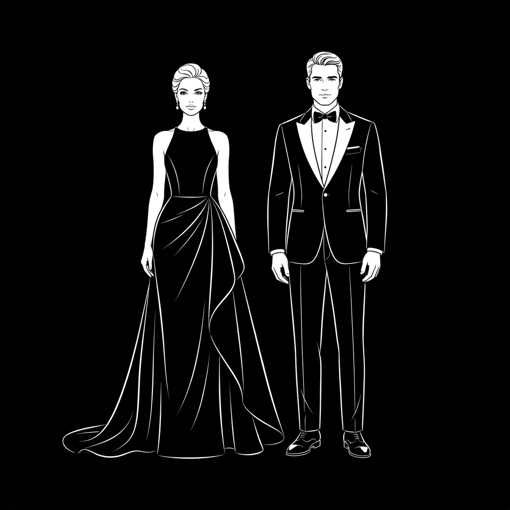 Ilustración de vestimenta formal: mujer con vestido de noche y hombre con traje